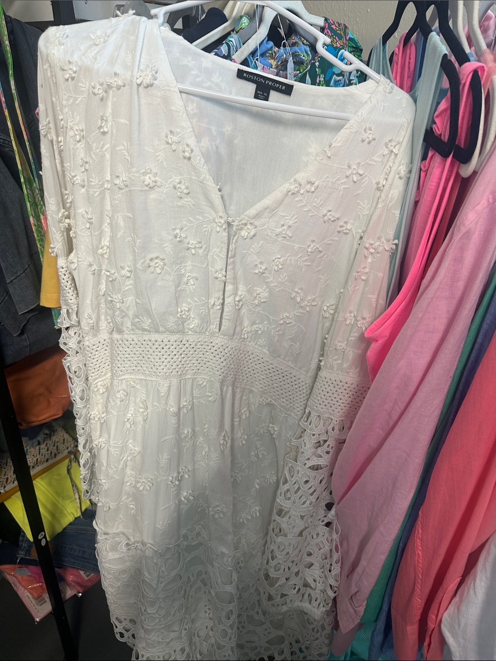Boston Proper White Embroidered Crochet Lace V-Neck Dress